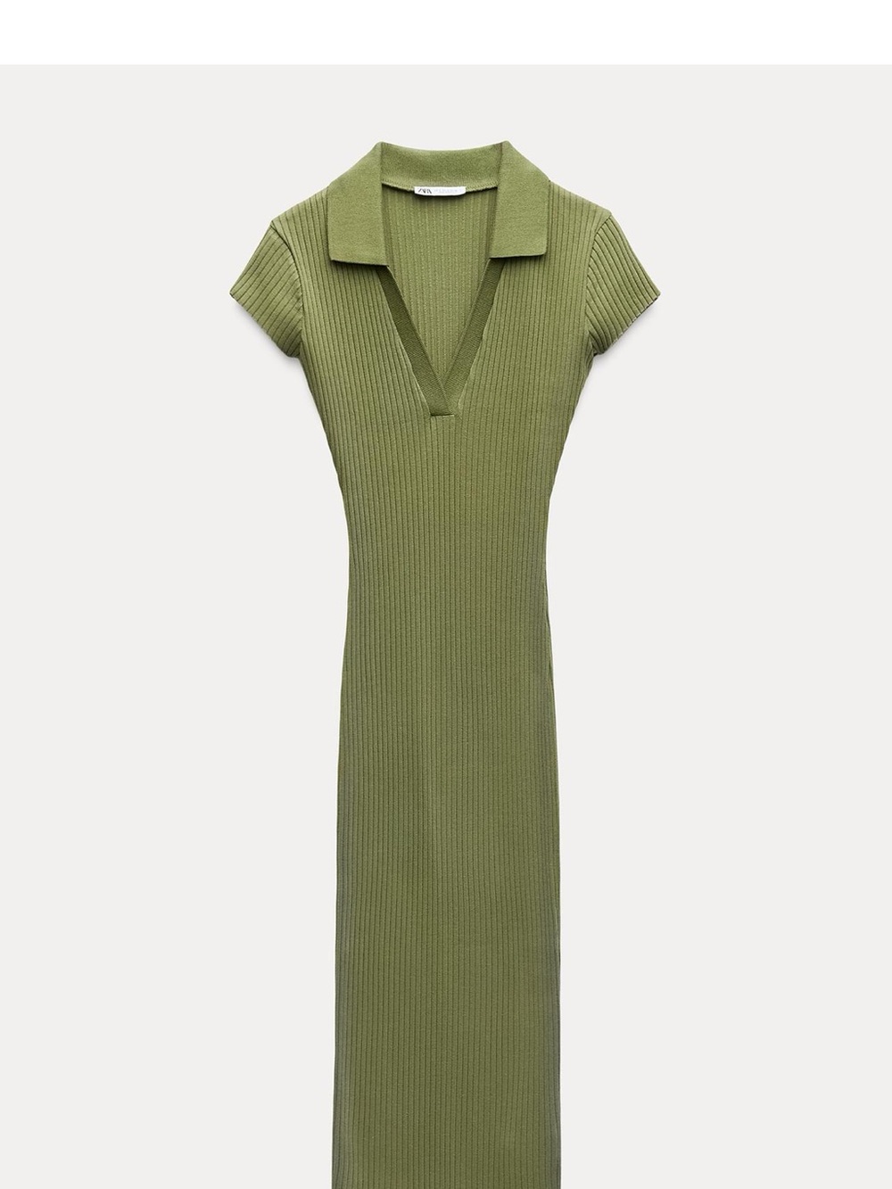 Zara Green Ribbed Polo-Collar Midi Dress